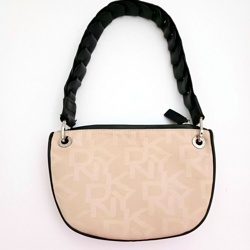 Y2K DKNY Hobo Shoulder Bag Cream Logo Fabric Dk Brown Leather Chunky Strap
